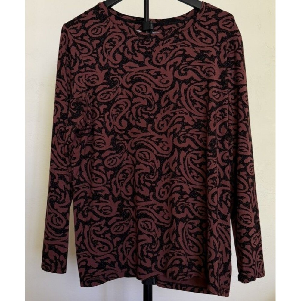 Chico's Women's Long Sleeve Knit Top Artsy Paisley Print Brown Black Size 3 XL